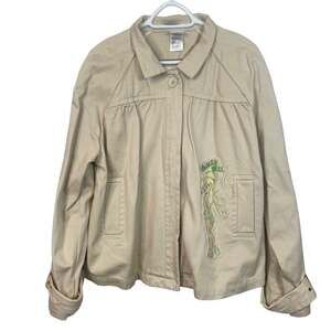 The Disney Store Women Tan Khaki Button Front Tinkerbell Embroidered Jacket